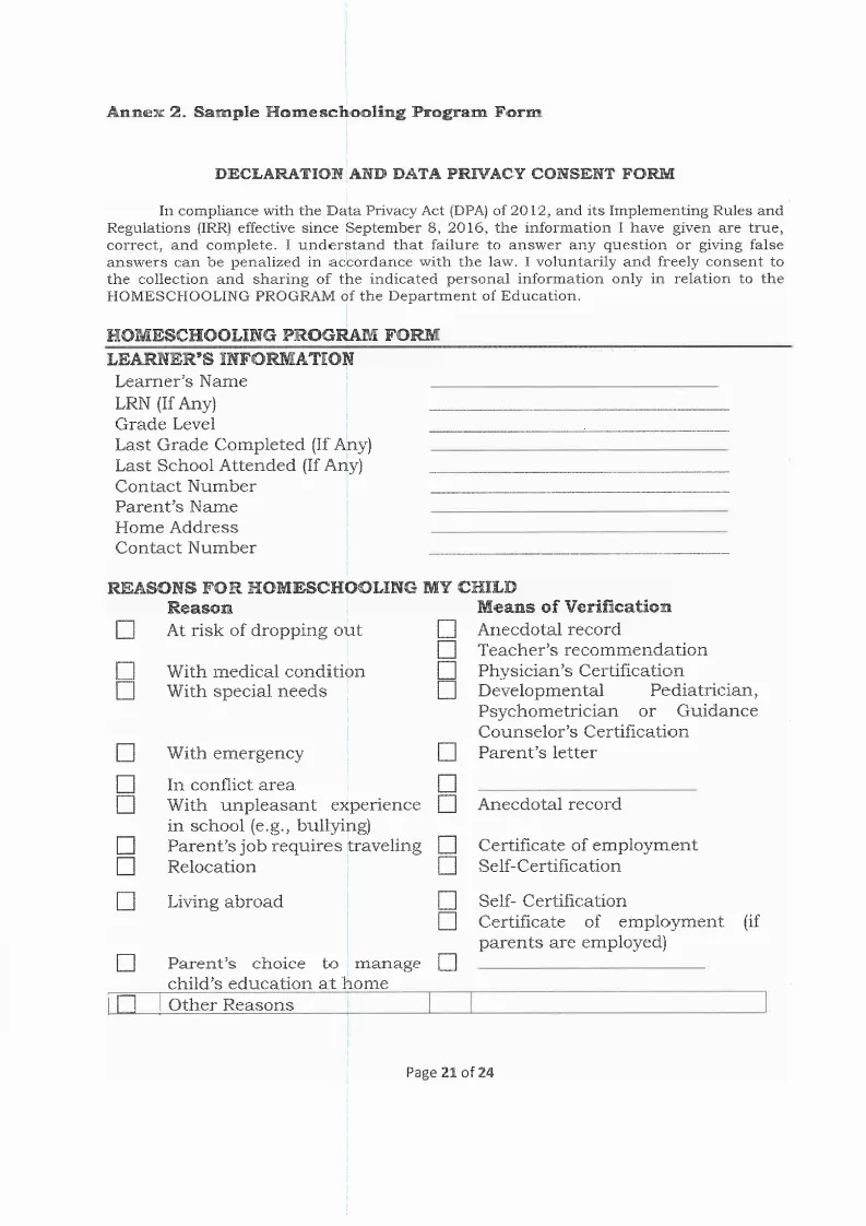 Homeschooling Program Form